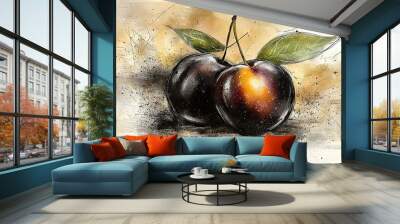  Two black plums with a green leaf on one Wall mural