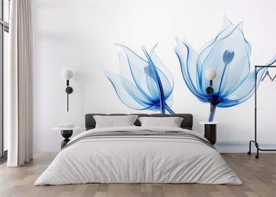  two blue flowers with long stems on a white background with a soft shadow.  generative ai Wall mural