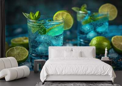   Two glasses of water with limes and mints on an ice-filled table with sprinkles Wall mural