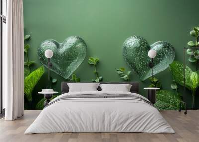  two heart shaped glass vases sitting on top of a green surface next to a leafy plant with water droplets on them. Wall mural