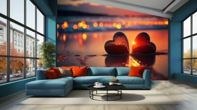  two heart shaped hearts sitting on a beach at sunset with a city in the background with lights reflecting off of the water and a bright orange glow.  generative ai Wall mural