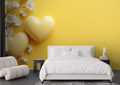  two heart shaped soaps sitting on top of a yellow surface next to a bouquet of white flowers and a vase with white flowers on the side of a yellow background. Wall mural