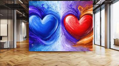   Two hearts, painted in acrylic, on a blue-purple-red canvas with water bubble background Wall mural