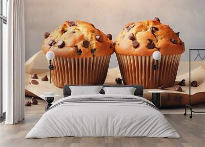  two muffins with chocolate chips on top of them.  generative ai Wall mural