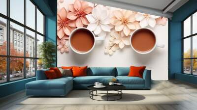  two mugs of coffee surrounded by flowers on a white surface.  generative ai Wall mural