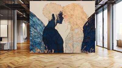   Two people standing in front of a painting of winged individuals Wall mural