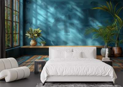  two potted plants sit on a window sill in a room with a blue wall and wooden flooring. Wall mural