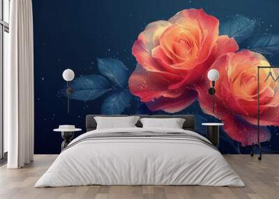  two red roses with green leaves on a blue background with drops of water on the petals and on the petals is a dark blue background with blue and white dots. Wall mural