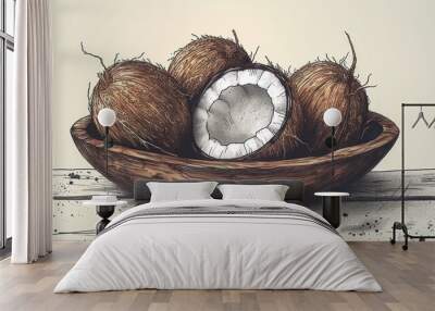 a drawing of two coconuts in a wooden bowl on a table with paint splattered on the floor. Wall mural