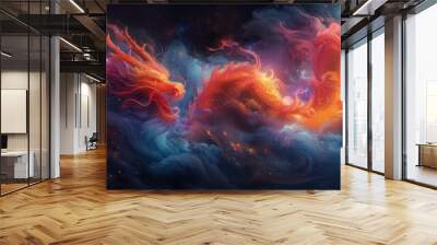 a painting of two orange and red fire breathing dragon in the sky with clouds and stars in the night sky. Wall mural