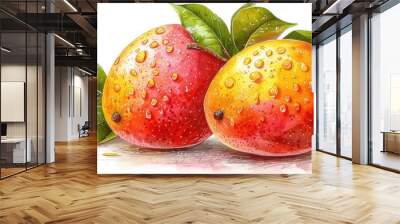 a painting of two oranges with green leaves and drops of water on them, one of them is red and the other is orange. Wall mural