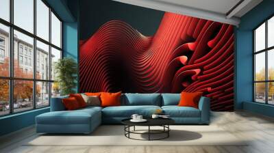 a red abstract background with wavy lines and curves on a black background with a red background and Wall mural