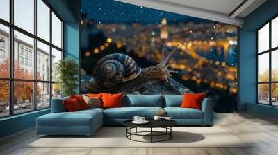 a snail perched atop a rock amidst a cityscape at dusk with glowing lights in the backdrop Wall mural