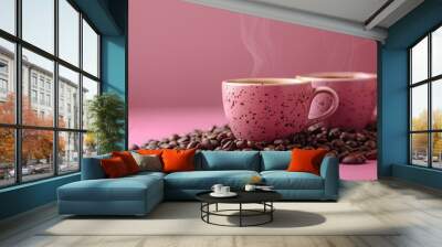 two pink coffee mugs sitting on top of a pile of coffee beans with steam rising out of the cups. Wall mural