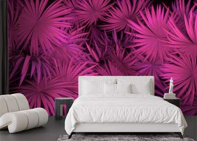 3d render of neon palm leaves on black background. Banner design. Retrowave, synthwave, vaporwave illustration. Wall mural