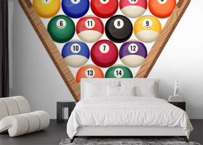 Billiard balls in wooden rack, vector illustration of starting position Wall mural