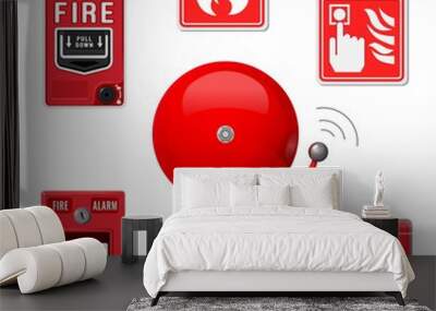 Fire alarm system icons set. Red ringing bell. Vector illustration Wall mural