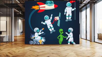 Flying rocket, spaceman with satellite, alien speaking to astronaut isolated Wall mural