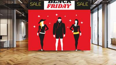 flat design style. man & women or male & female vector cartoon for black friday. sale isolated modern for beauty and fashion. dolls in shopping mall. Deals and Discounts Wall mural