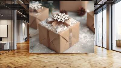 Delivered parcel box on door mat near winter snow entrance ,Christmas online shopping,Christmas greeting card with gift box in snow over blurred bokeh background Wall mural