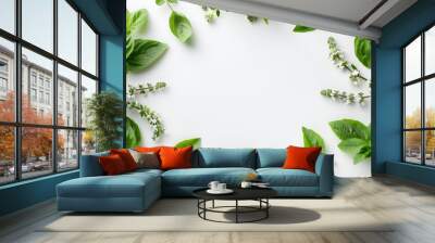 Fresh made of basil leaves on white background ,fresh basil leaves on light background
 Wall mural