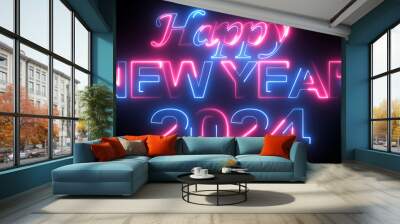 Happy New Year 2024 Greeting Card. Neon bright text Happy New Year 2024. Holiday design for flyer, greeting card, banner, celebration poster, party invitation or calendar. Wall mural