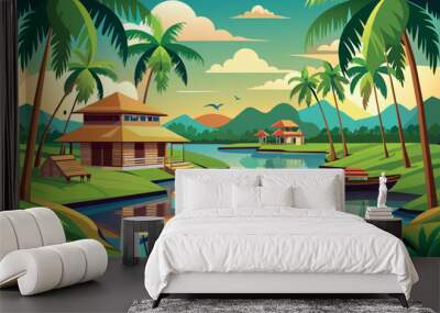 Kerala Backwater Landscape cartoon vector Illustration flat style artwork concept Wall mural