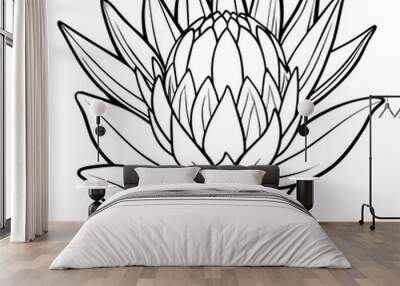 Protea flower outline illustration coloring book page design, Protea flower black and white line art drawing coloring book pages for children and adults Wall mural