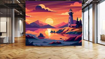 Sunset Lighthouse Landscape cartoon vector Illustration flat style artwork concept Wall mural