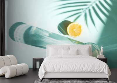 Cool summer drinks - lemonade or soda in glass on blue color background with palm tree leaf shadows Wall mural