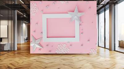 white frame on pink christmas background with silver stars and snowflakes Wall mural