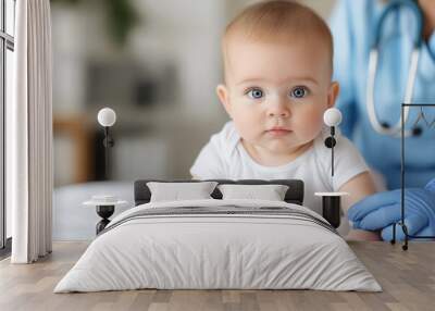 A Newborn Baby Lying On A Soft White Sheet, Being Examined By A Healthcare Professional With Blue Gloves Using A Stethoscope. Wall mural