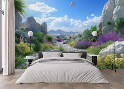 Alien Planet Landscape Featuring Unusual Rock Formations, Vibrant Vegetation, And Two Moons In The Sky, Offering An Imaginative Science Fiction Background Wall mural