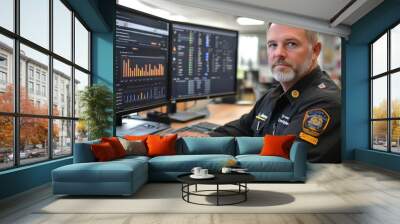 Corporate Safety Manager Reviewing A Digital Safety Management System On A Computer, With Data Analytics And Compliance Dashboards Displayed Wall mural