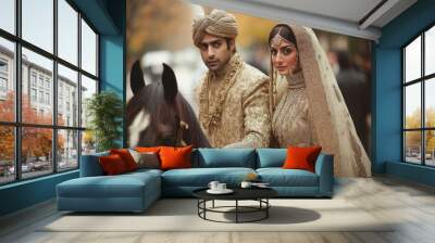 Indian wedding - bride and groom on horse Wall mural