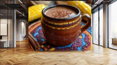 Mexican Champurrado, Atole De Cacao. Corn Chocolate Hot Spicy Drink With Cinnamon Wall mural