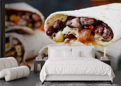 Nice vegetarian burrito over black table on wooden board. Wall mural