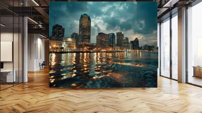 The citys skyline is beautifully mirrored in the water during th Wall mural