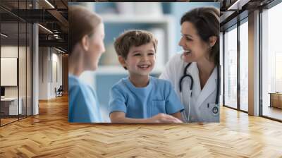 Vaccination Appointment: A Nurse Administering A Vaccination To A Child While A Family Practice Doctor Reassures The Child, Capturing A Moment Of Care And Support In A Pediatric Office Wall mural