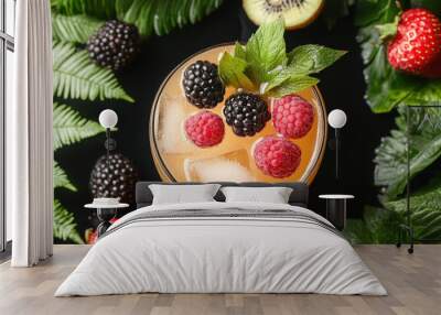 Vibrant Cocktail Garnished With Fresh Fruits Resting On A Bed Of Ice Cubes, Captured In A Tropical Setting That Adds To The Lively Ice Cubes Background Wall mural