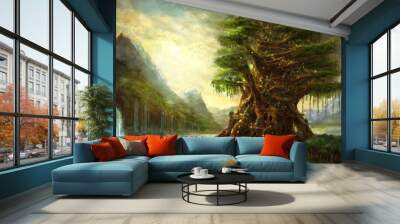 3d illustration fantasy graphic background of a huge tree with a lake Wall mural