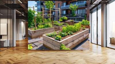 beautiful rooftop vegetable garden with raised beds and trellises in front of a brick building, surrounded by green plants and a blue sky, with a glass window in the background Wall mural