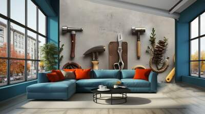 Tools and Greenery on Grey Background - Illustration Wall mural