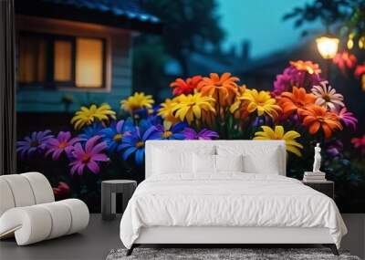 a bunch of colorful flowers on display next to a wall with many colors behind them Wall mural