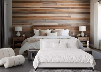 A cozy and rustic bedroom with a wooden plank wall, a white bed with neutral bedding, and two table lamps on nightstands. Wall mural