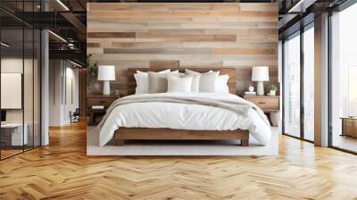 A cozy and rustic bedroom with a wooden plank wall, a white bed with neutral bedding, and two table lamps on nightstands. Wall mural