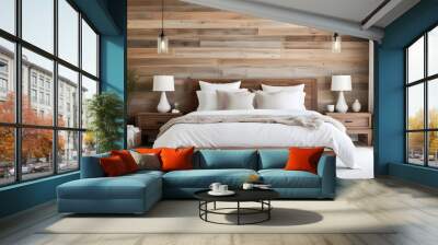 A cozy and rustic bedroom with a wooden plank wall, a white bed with neutral bedding, and two table lamps on nightstands. Wall mural