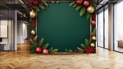 A festive Christmas frame with pine branches, red berries, and gold ornaments on a dark green background. Wall mural