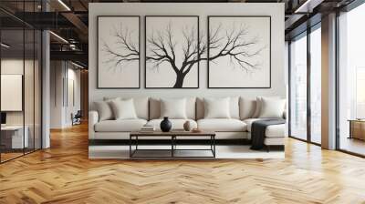 A minimalist living room with a large beige sofa, and three framed black and white artworks depicting a bare tree branch on the wall. Wall mural