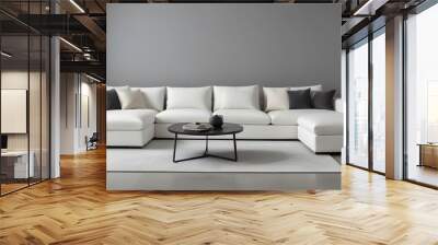 A modern, minimalist living room with a large, comfortable white sofa with plush pillows, set against a plain gray wall. Wall mural